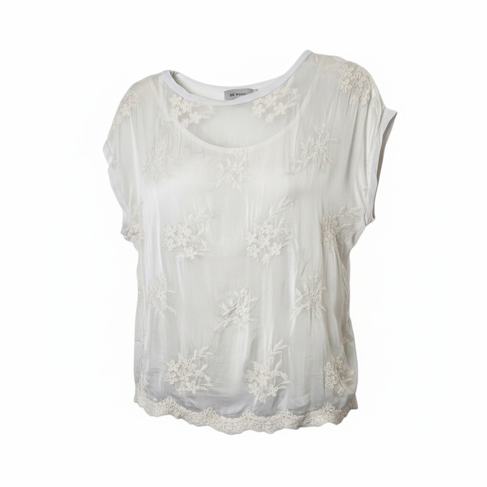 Angela Moda Italy Silk Blend Floral Blouse Cottagecore Fairy Boho Ivory Sheer S